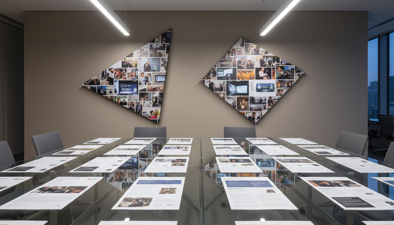 A sharply angled, glass-topped conference table featuring crisp white printed marketing materials spread with meticulous alignment. In the background, two geometric display boards showcase event photos, mounted on a matte taupe wall. Cool indirect lighting from recessed ceiling fixtures evenly bathes the table surface, causing soft reflections and precise edge highlights. The camera is positioned for a wide, architectural shot using the rule of thirds, with a sense of depth enhanced by the structured placement of objects. The atmosphere is focused and refined, reflecting the essence of a high-level marketing presentation within a corporate environment.