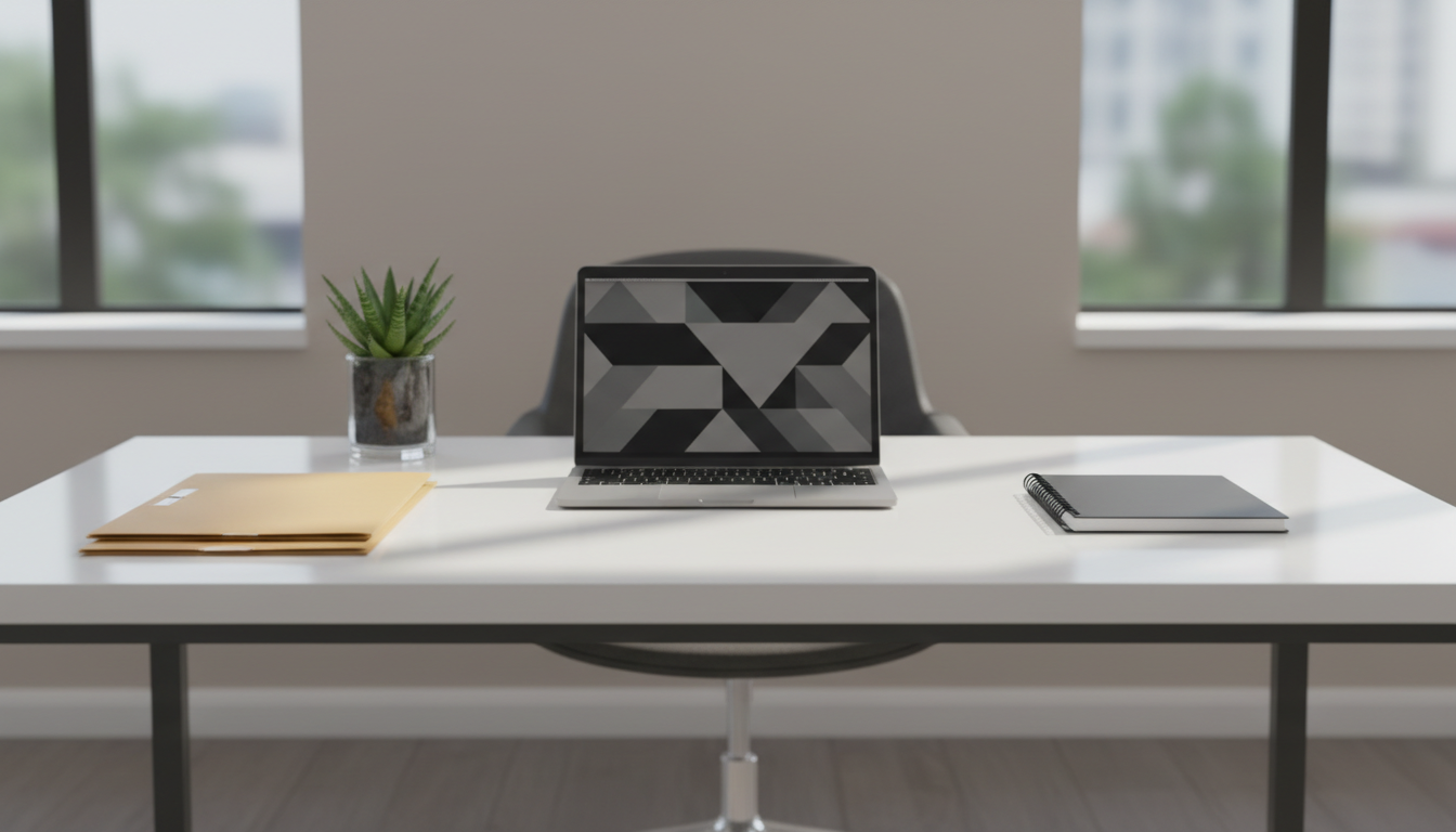 A glossy white minimalist desk arranged with neatly stacked manila marketing folders, an elegant silver laptop, and a utilitarian black notebook. The surface is spotless, accented by a clear glass vase containing a single green succulent. This arrangement sits in a refined office space with pale neutral walls and large windows out of focus in the background. Soft natural daylight gently illuminates the desk, casting subtle, geometric shadows and creating a balanced, structured appearance. Shot from an eye-level angle with centered composition and tight depth of field, emphasizing professionalism and order. The mood is calm, clean, and highly organized, embodying a modern corporate portfolio aesthetic.