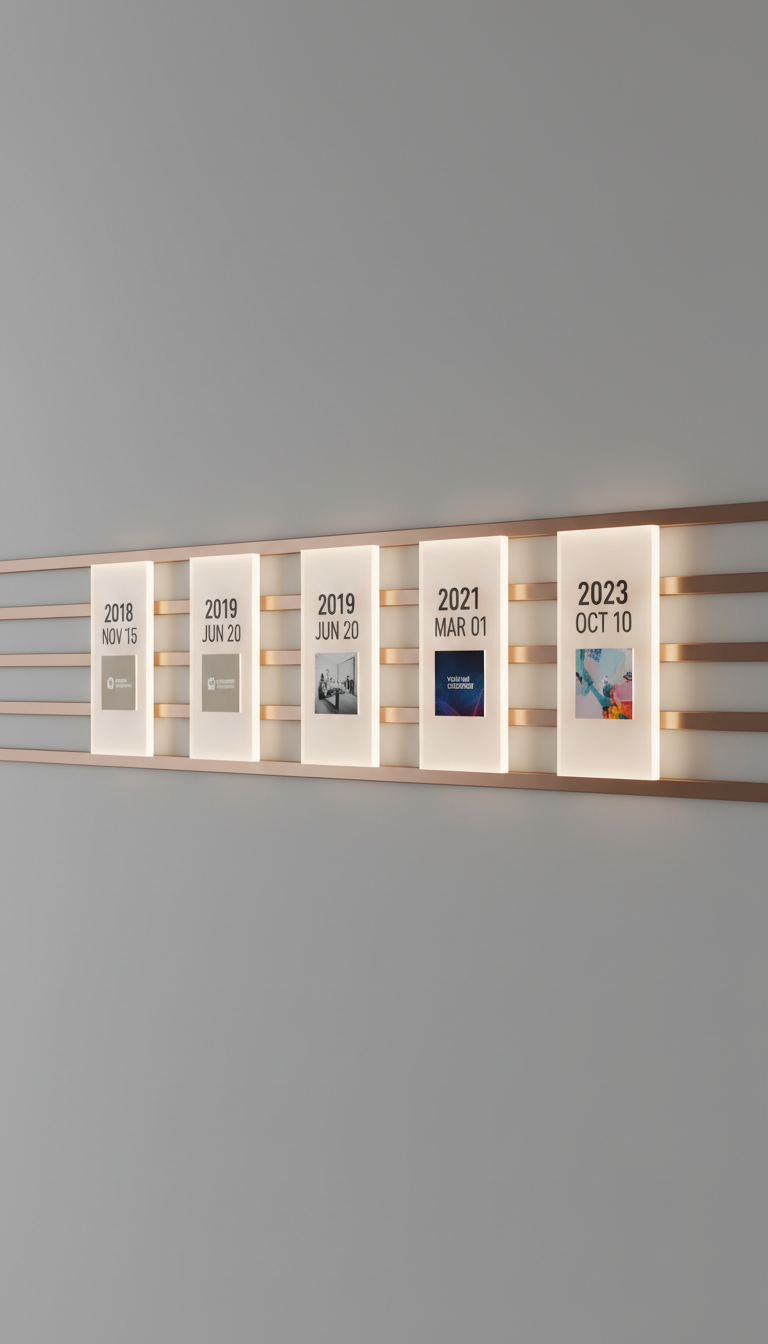 A color-coordinated, wall-mounted timeline installation featuring metallic strips and backlit acrylic panels highlighting key marketing event milestones. Each event is marked by a cleanly printed date and a miniature neutral-toned photo tile, all presented on a smooth dove-grey wall. Integrated LED lighting casts a gentle, continuous glow along the timeline, enhancing the sleekness of the installation and casting faint, elongated shadows below each marker. The composition is side-on, focusing on the tandem progression of events, and employs a wide, panoramic crop. The overall mood is corporate, innovative, and visually structured, ideal for representing a portfolio’s chronological navigation feature.