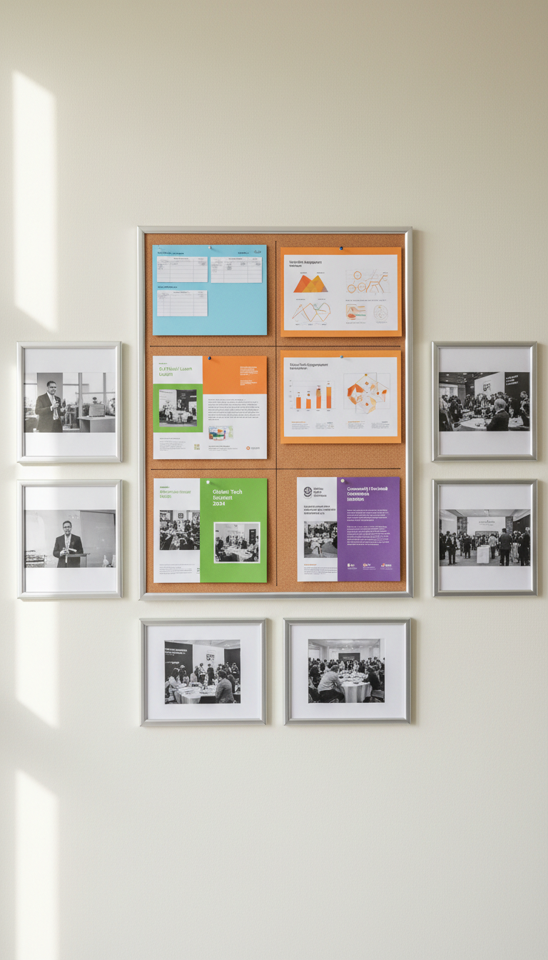 An immaculate corkboard mounted on a clean cream wall, featuring color-coded, neatly pinned event schedules, branded brochures, and minimalist infographics arranged in precise grids. Surrounding the board are tastefully understated metallic frames containing grayscale marketing event photographs. The scene is softly illuminated by diffused daylight, producing even light and gentle shadows without glare. Captured from a frontal, slightly elevated angle with sharp focus throughout, the image gives a sense of clarity and meticulous organization. The mood is purposeful and professional, suitable for a marketing strategist’s workspace with clean photographic realism.