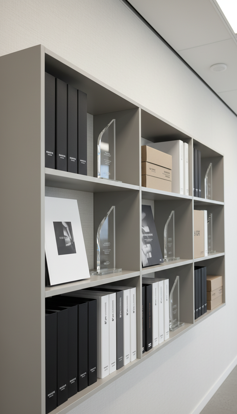 A sleek, rectangular shelving unit with compartments displaying monochrome-bound portfolios, pristine acrylic marketing awards, and matte-finish branded merchandise boxes. The shelves are set against an off-white textured wall within a modern office environment. Neutral overhead lighting casts soft, balanced illumination with subtle highlights on acrylic surfaces, creating depth and reflectivity. The image is captured from a slightly low angle with asymmetrical framing, placing the most visually prominent shelf at a power spot. The mood is refined and aspirational, suited to a corporate portfolio site, with a structured and photographic modernist style.